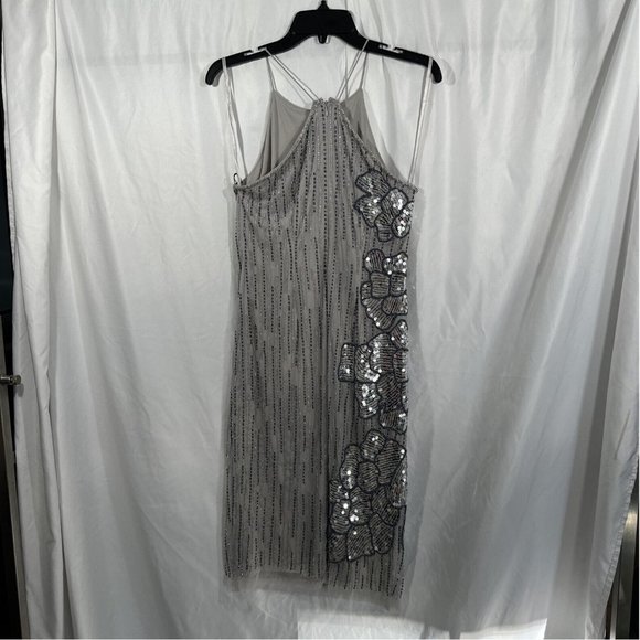 NEW Adrianna‎ Papell [ 4 US ] Floral Beaded Midi Dress in Bridal Silver - Picture 8 of 13